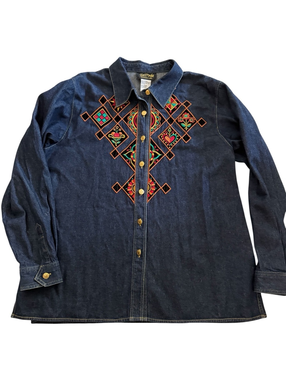 Bob Mackie Blue Large Embroidered Denim Shirt 90s Wearable Art Western Boho - Picture 2 of 9
